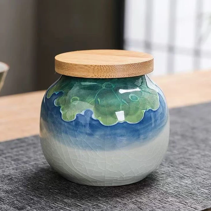 哥窑-荷叶-茶叶罐 陶瓷开片茶罐手绘釉下彩功夫茶具便携储存罐