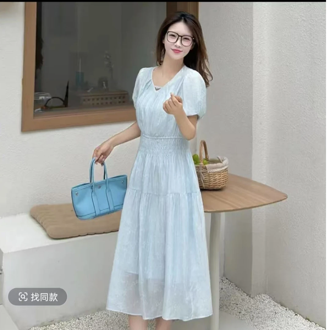 0165时尚收腰显瘦连衣裙女夏季新款减龄洋气小个子设计感休闲长裙