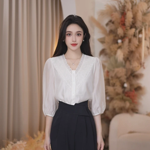 Basic House/百家好蕾丝气质白色衬衫时尚夏季法式B1335B5E2C2