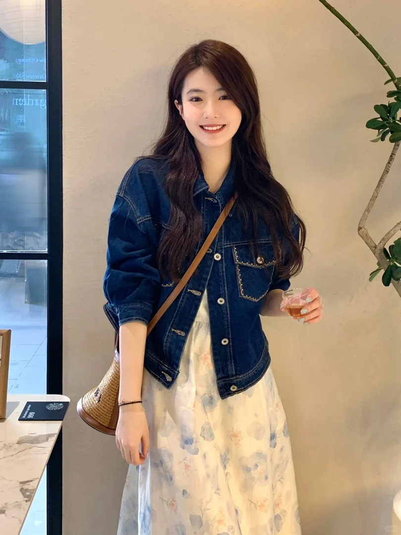 2025春季新款韩系穿搭高级感牛仔外套搭配碎花吊带裙气质两件套女