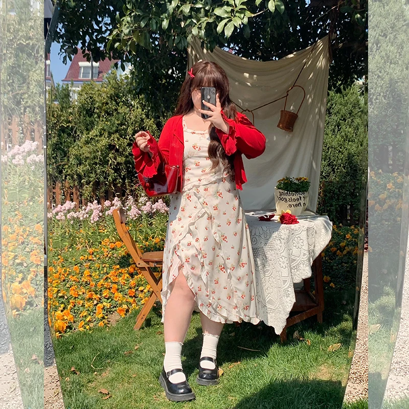 【 LT STUDIO辣条大码】甜欲风印花樱桃多层不规则裙摆吊带裙套装