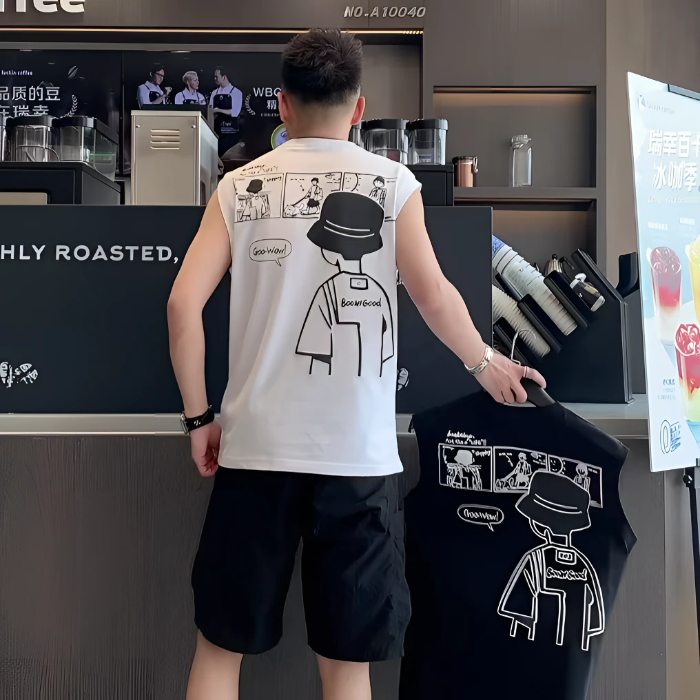 2025夏季男女新款纯棉卡通印花坎肩无袖背心男潮牌圆领宽松上衣潮