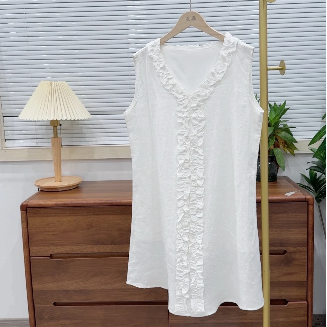 【原歌】夏季新款亚麻时尚百搭宽松大木耳边时髦背心上衣YG829