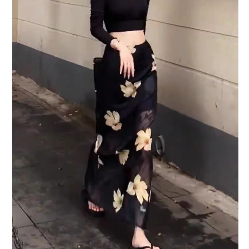 气质印花半身裙女夏季高级显高显瘦开叉大花松紧腰碎花半身裙女