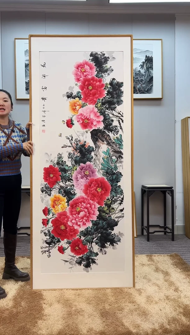 国画手绘牡丹202*82尺寸