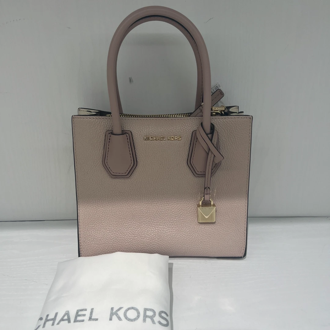 99新 MICHAELKORS/迈克高仕 拼色粉色米色双色斜挎小托特二奢包包