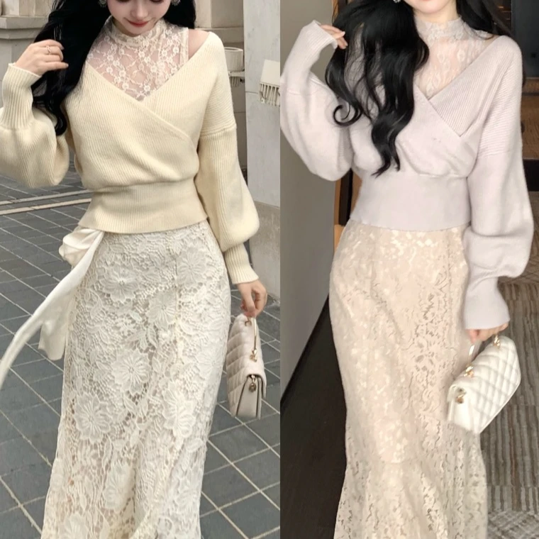 枕梦星河 慵懒甜美蕾丝背心拼接交叉大V领假两件毛衣女冬【运补6-8