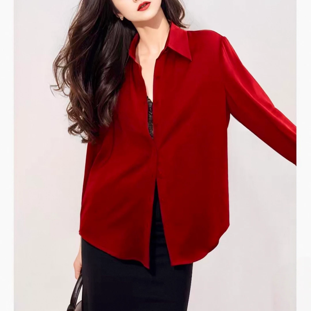 太美啦~质感垂感高级红显瘦正肩衬衫女秋冬叠穿内搭圣诞新年红