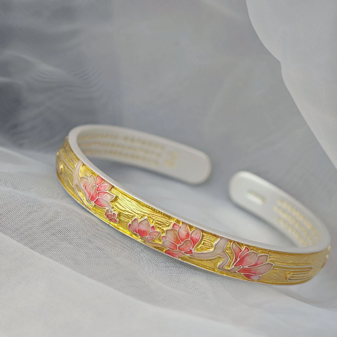 足银珐琅手镯 足银999.9致爱一生【唯美广玉兰】古风珐琅银手镯