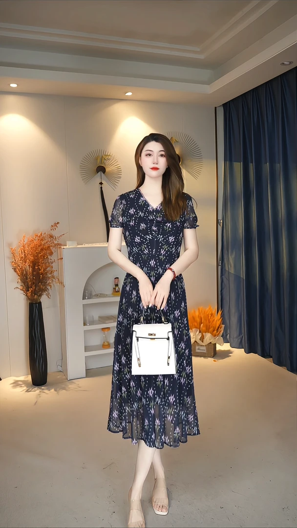 印花夏季A字裙碎花减龄气质大码中长款时尚韩版连衣裙 B1913
