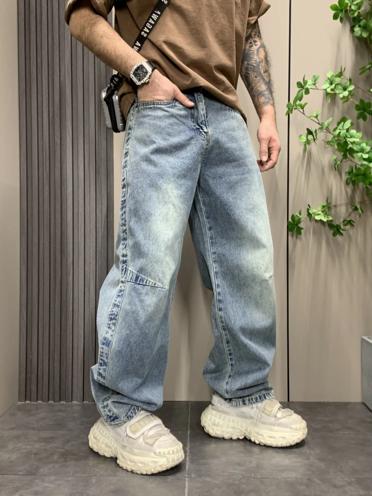 2025春季新款捏褶设计感显瘦水洗直筒裤男士潮流弯刀高腰牛仔裤