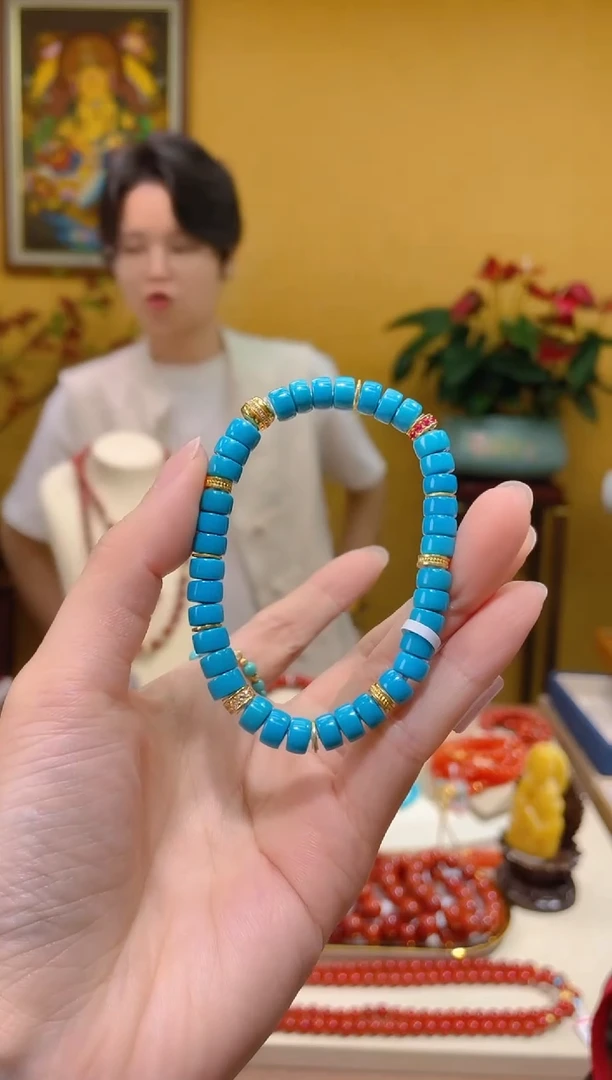 18K金镶嵌绿松石手串46/6mm@@ZY50307026