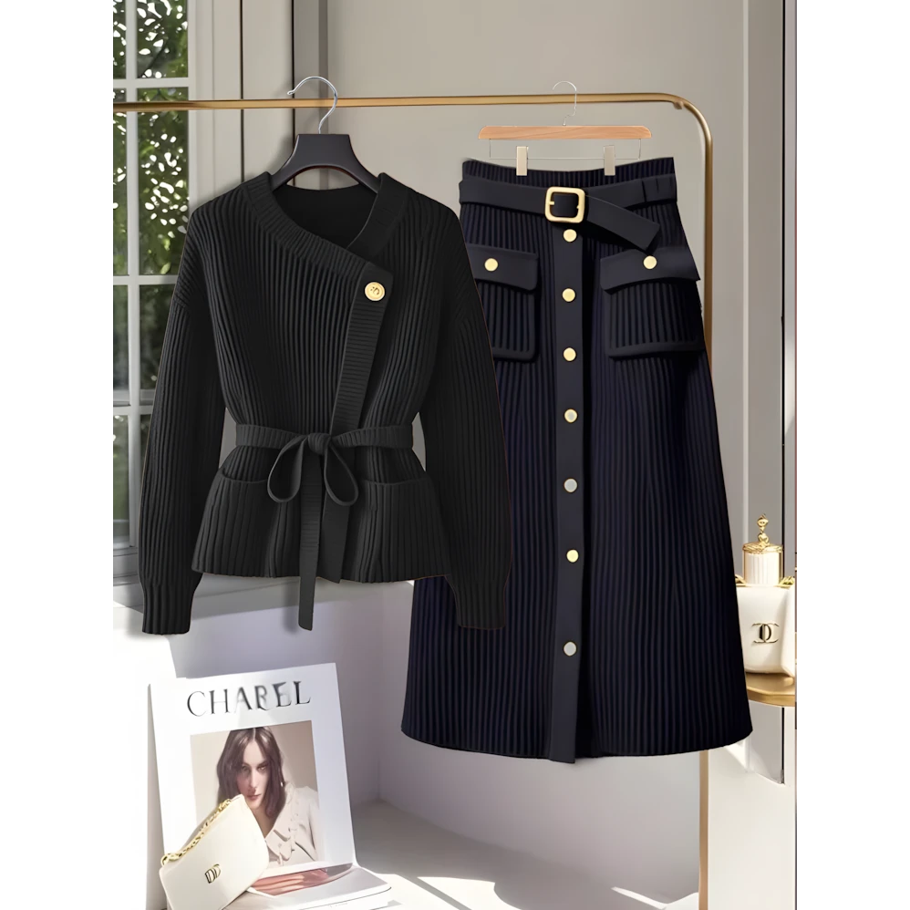 2025秋冬季网红洋气炸街女装黑色针织上衣通勤时尚百搭半身裙套装