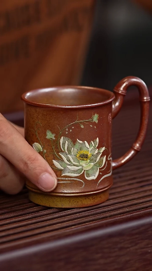 茶杯紫砂荷花带把杯
