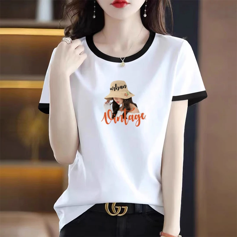 100%纯棉短袖t恤女夏季新款大码宽松休闲减龄撞色假两件圆领上衣