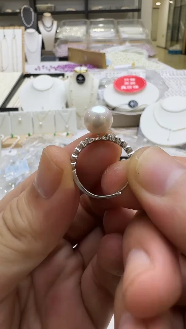 戒指银S925镶嵌淡水珍珠9-10mm 钻款新品