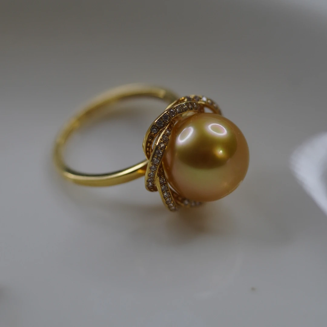 正宗天然海水南洋金珠时尚经典款戒指18k金镶嵌浓金强光11~12mm