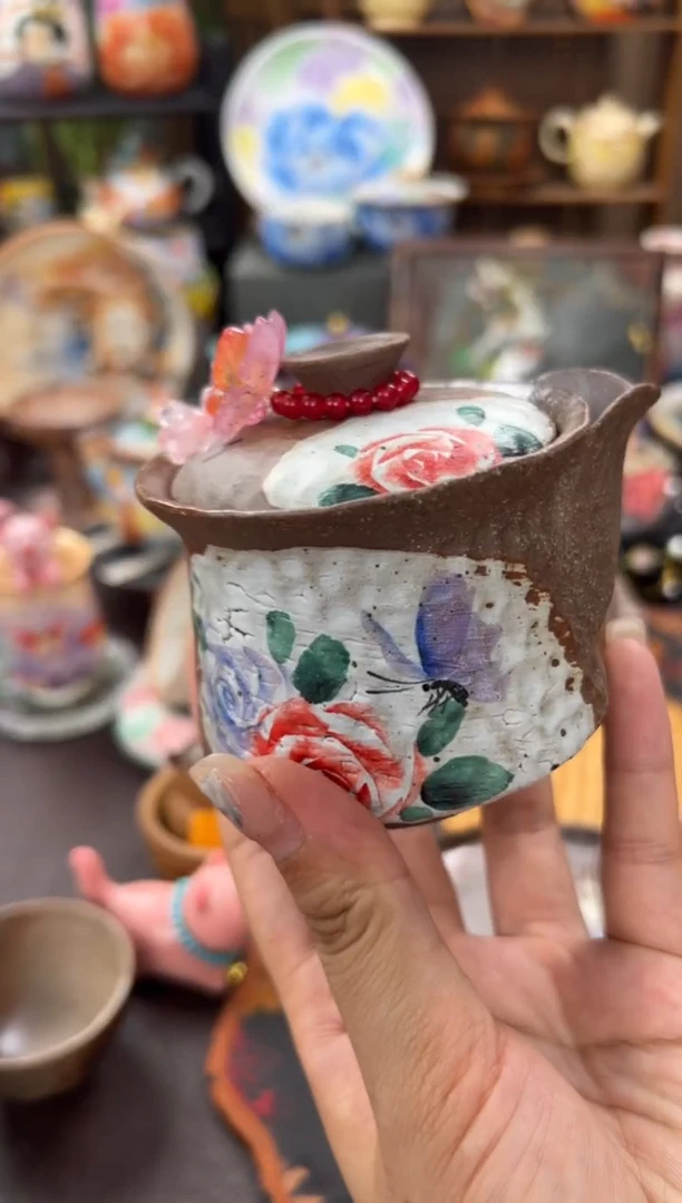 虎井窑老陶泥手绘玫瑰手抓壶