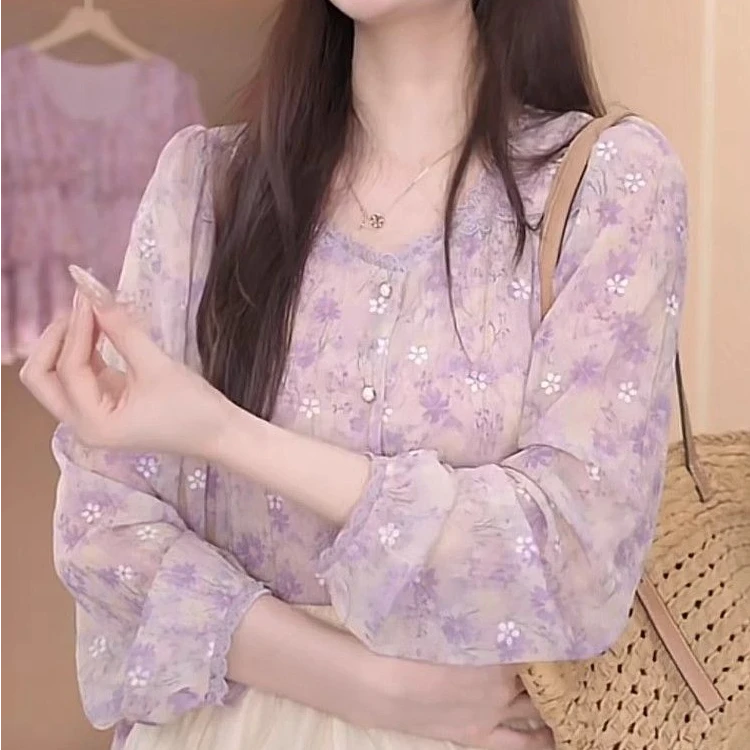 法式紫色碎花衬衫长袖2025新款甜美圆领宽松超仙百搭小衫洋气上衣