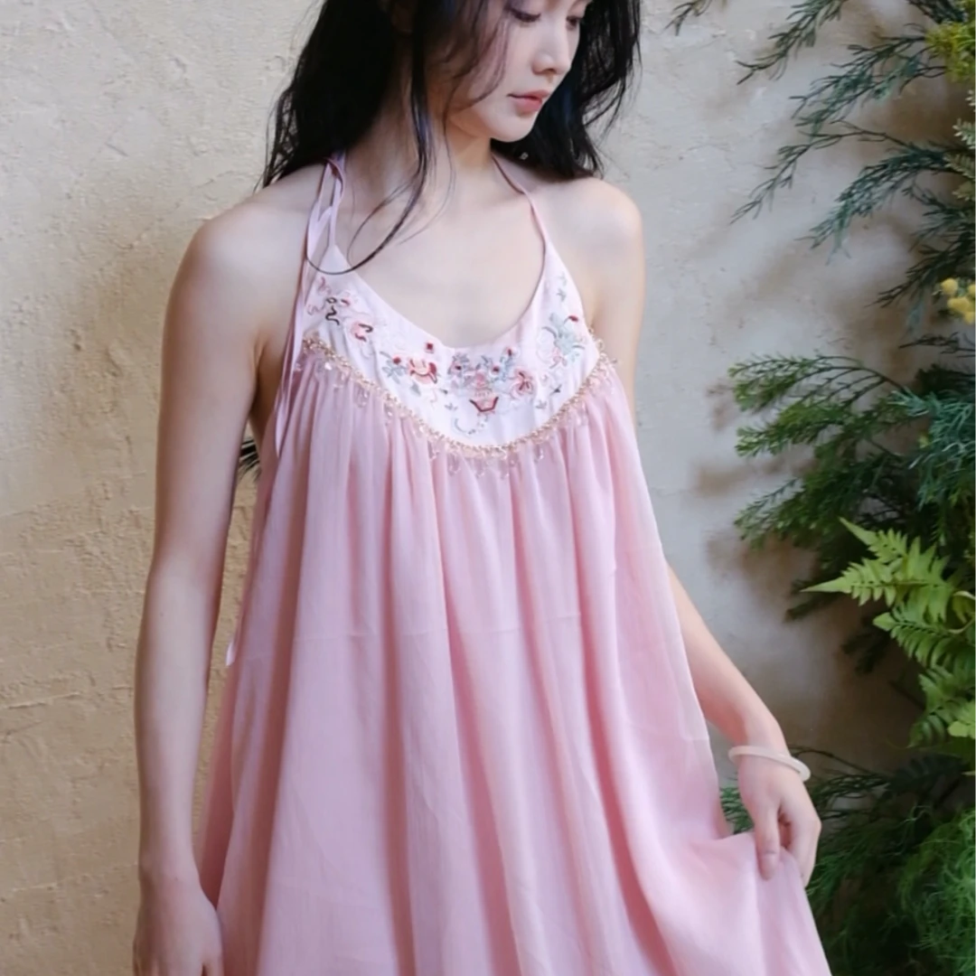 〈翩翩如梦〉新中式浪漫少女碎花刺绣吊带裙睡衣睡裙家居服