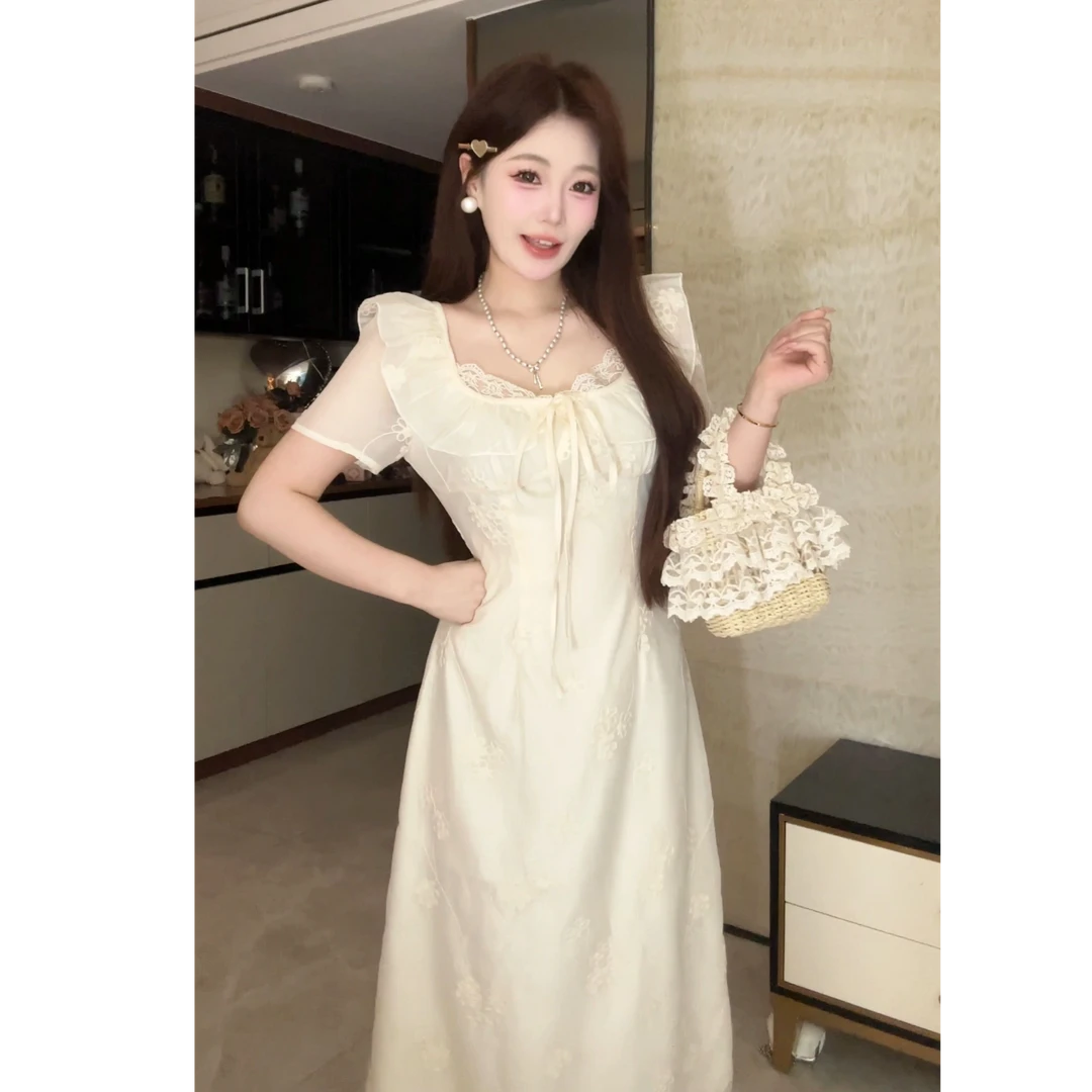 大码蕾丝拼接绣花连衣裙夏款女装女夏季显瘦收腰裙子10944