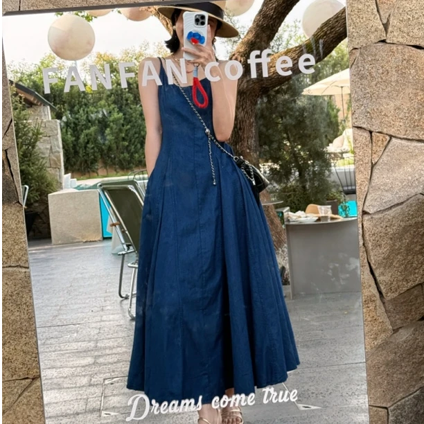 【去班味】复古港风气质连衣裙收腰显瘦牛仔吊带长裙