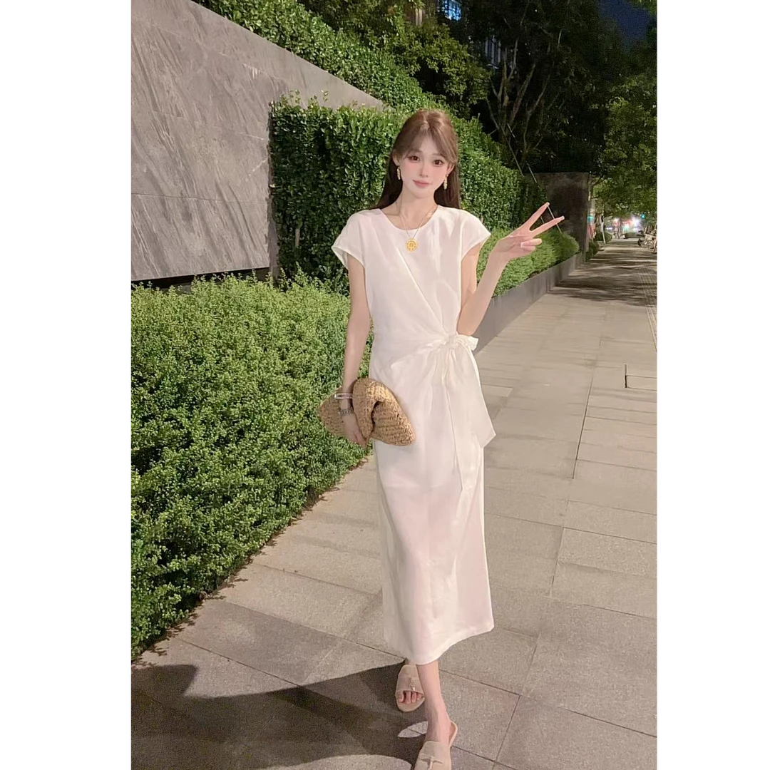 法式气质亚麻连衣裙女2025夏新款收腰绑带修身