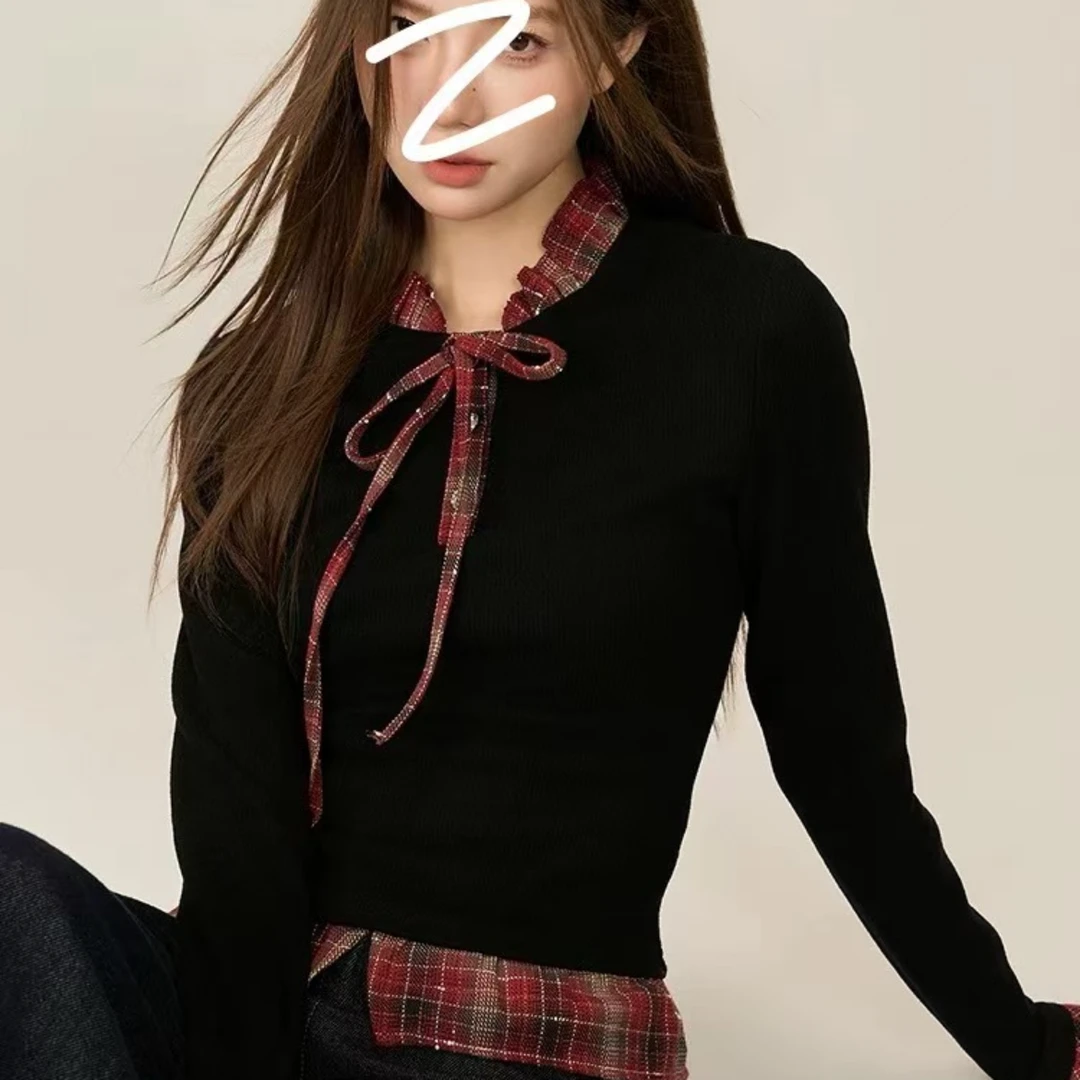 【小野莓】韩系时髦系带格子衬衫领假两件气质百搭针织上衣