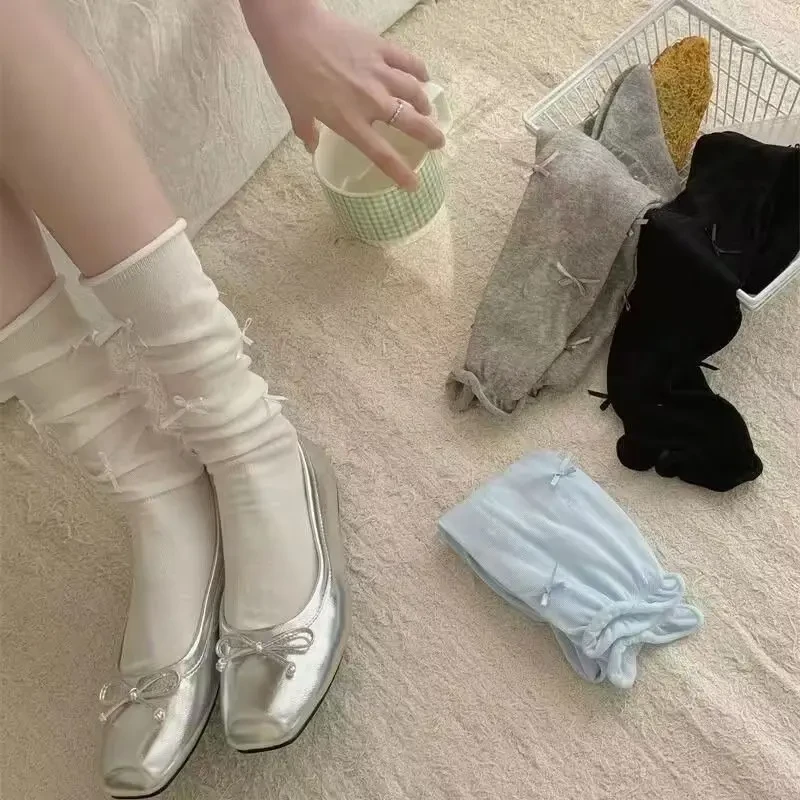 小小苏专属miu系白色袜子女堆堆夏季薄款中筒芭蕾风蝴蝶结小腿袜