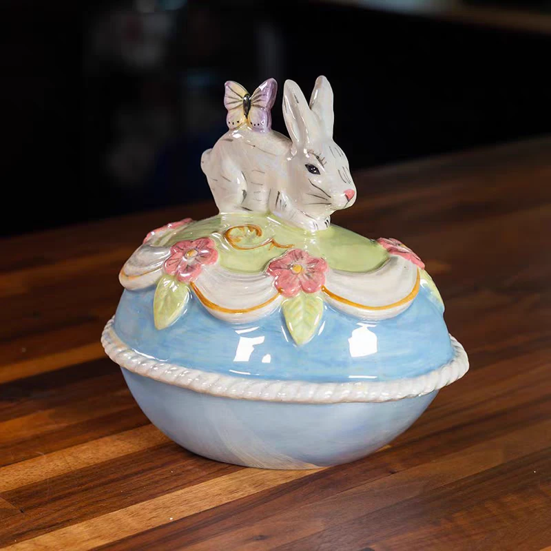 布鲁瓷陶瓷收纳盒陶瓷珍珠釉兔子首饰盒欧式家用收纳盒珍珠首饰盒