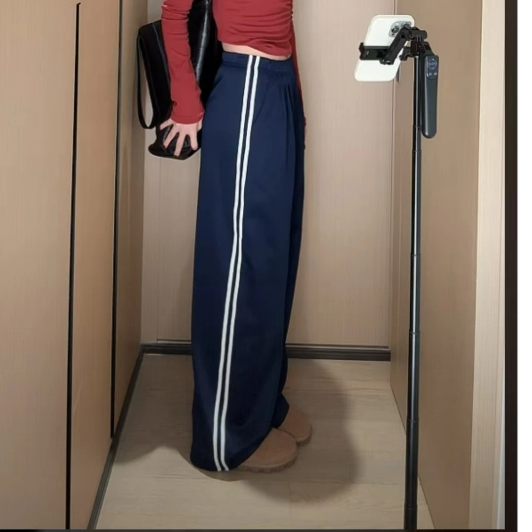秋款 美式俩条杠 阔腿裤垂感 藏蓝色 显瘦 校服风休闲裤B183