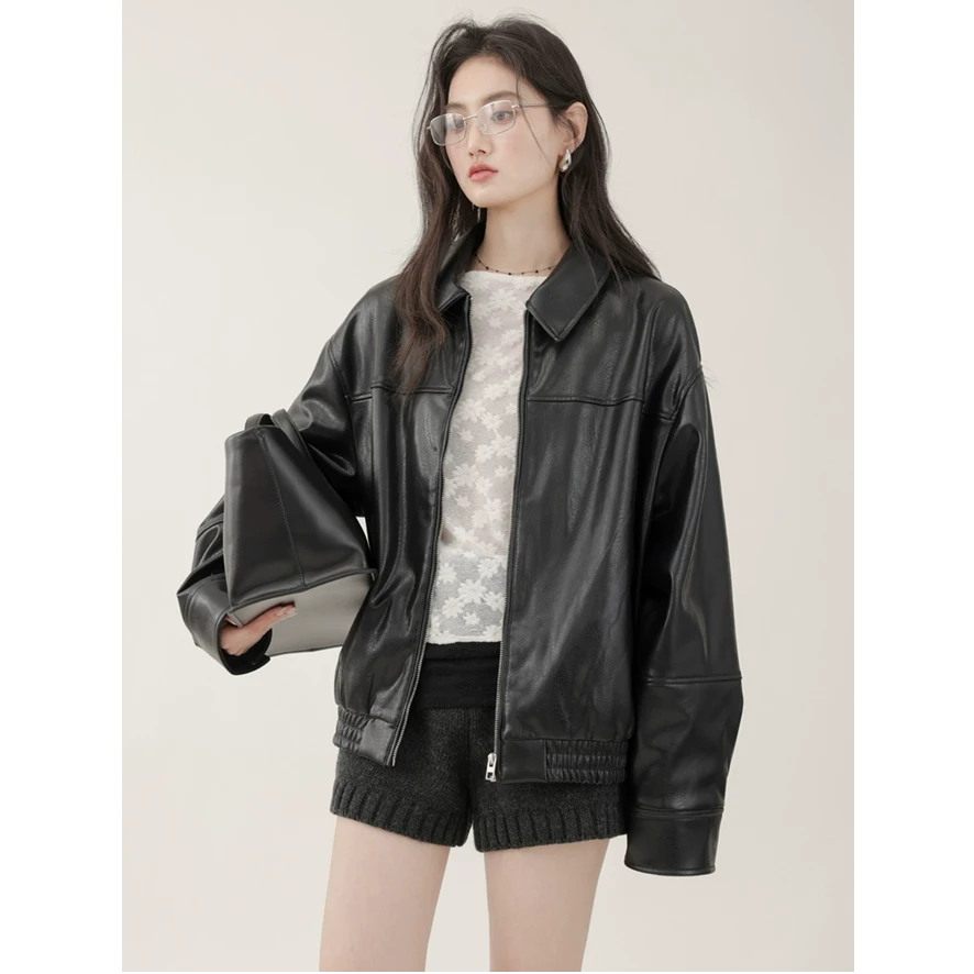 CHACHASTU酷飒风黑色皮衣外套女春装小个子高级感皮夹克ZRS1366