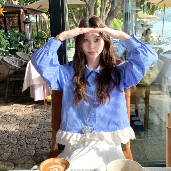 Berry 喜你而欢大庞定制 蓝色格子下摆花边衬衫女翻领泡泡袖上衣