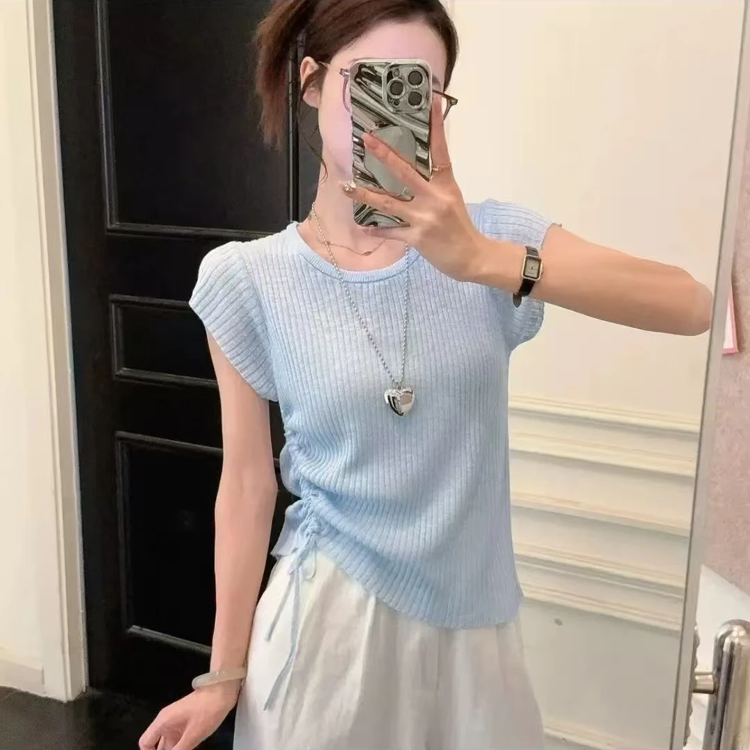 【现货】夏季抽绳针织衫短袖女修身韩版时尚纯色T恤设计感百搭上衣