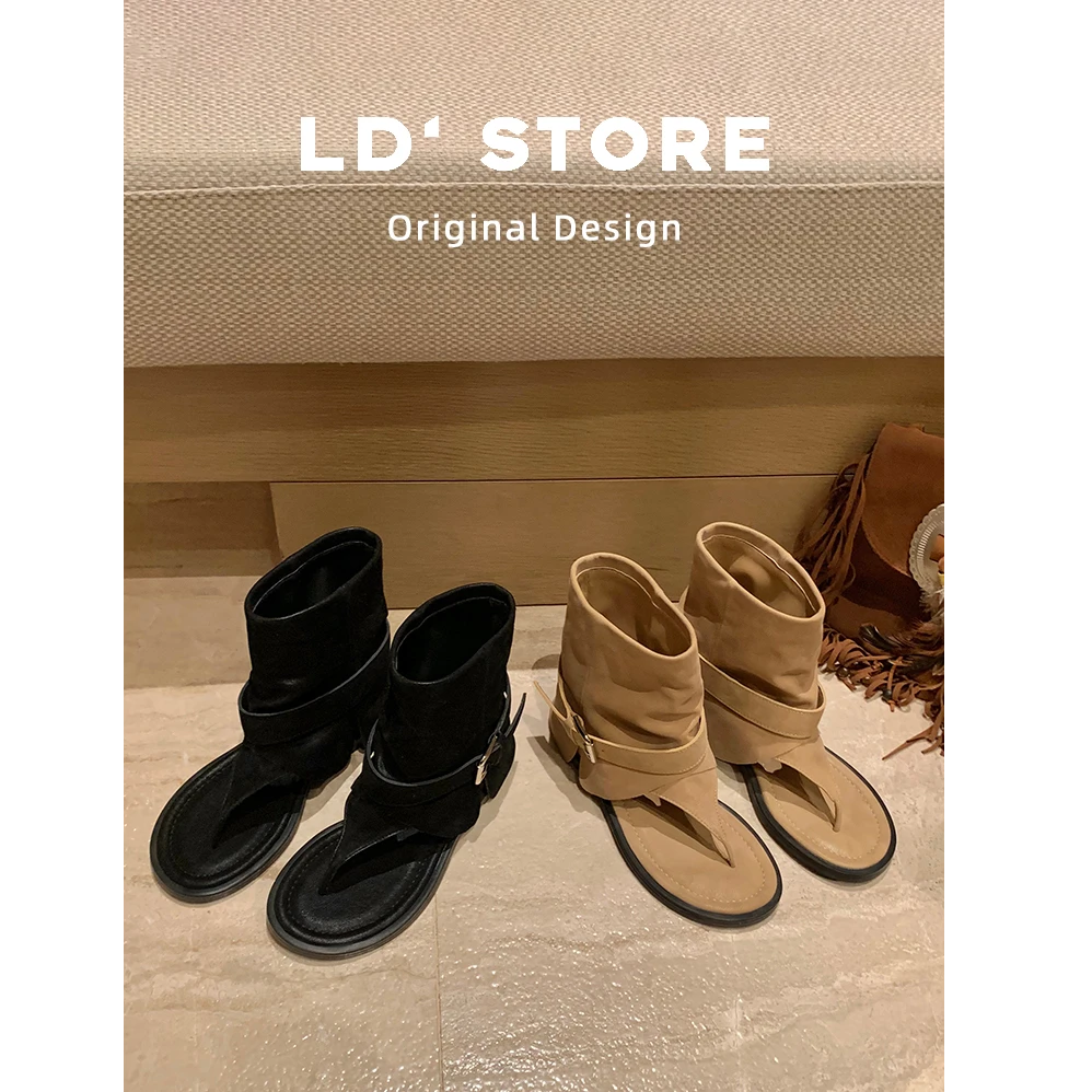 自留版~时尚人字夹凉靴女2025新款夏时髦辣妹裤管短筒罗马凉鞋