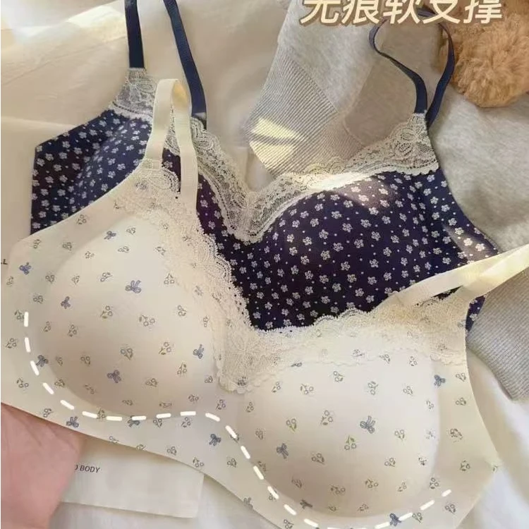 6355 套装/纯棉甜美碎花蕾丝无痕内衣女小胸聚拢提拉无钢圈文胸