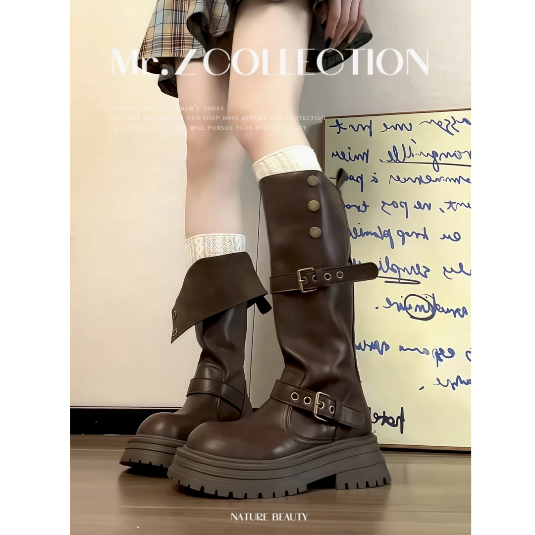 西部靴牛仔靴子女小个增高长筒靴秋冬棕色美拉德骑士靴厚底马丁靴