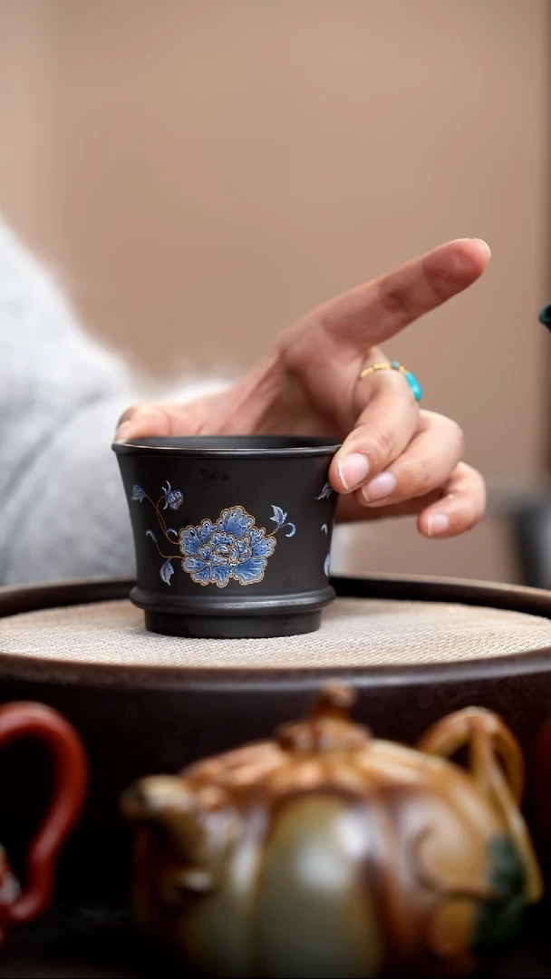 茶壶紫砂石黄线韵杯蓝牡丹