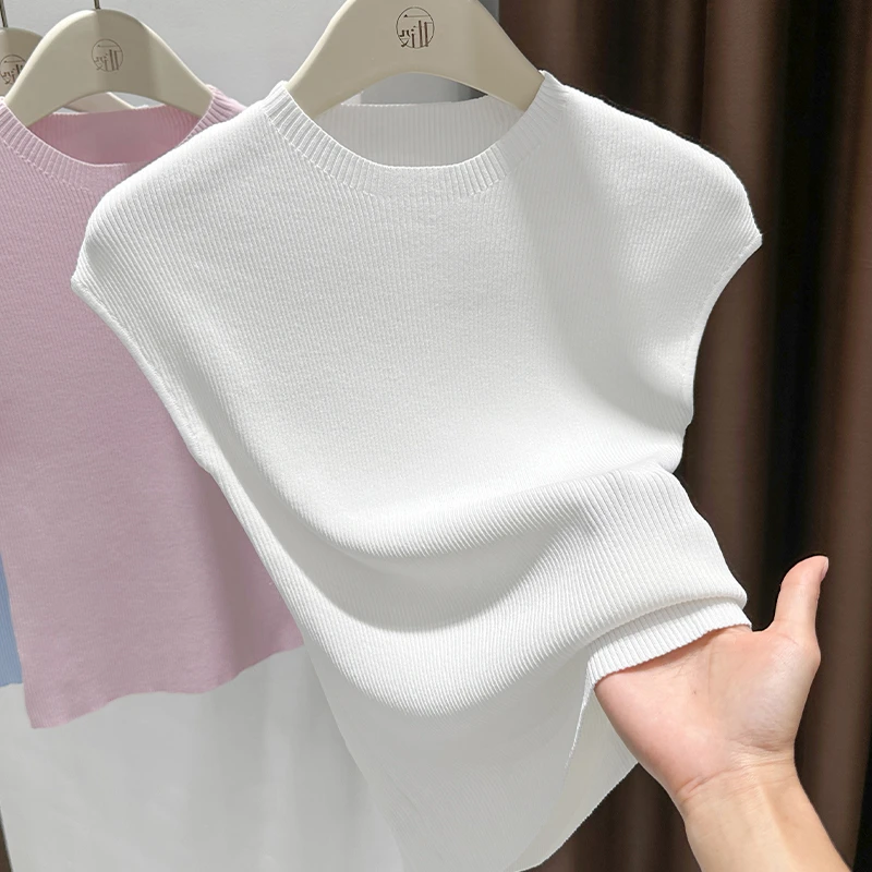 高档小圆领无袖针织衫背心2025新款外穿显瘦插肩T恤打底薄款上衣