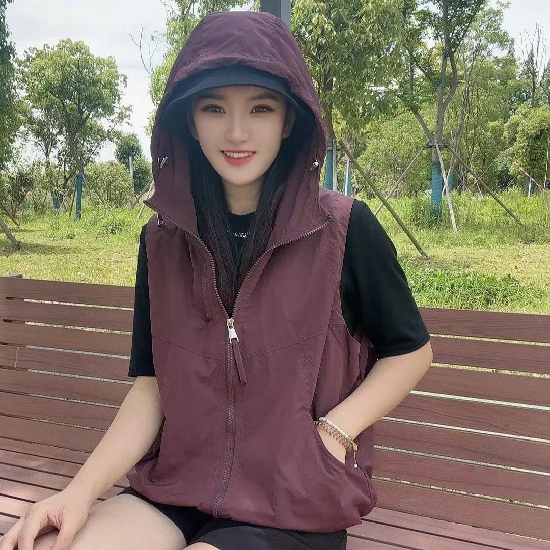 【带透气网】薄款马甲女夏短款外搭防晒背心大码宽松休闲连帽坎肩