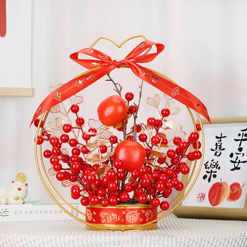 新年仿真喜庆摆件红浆发财果客厅银杏假花篮