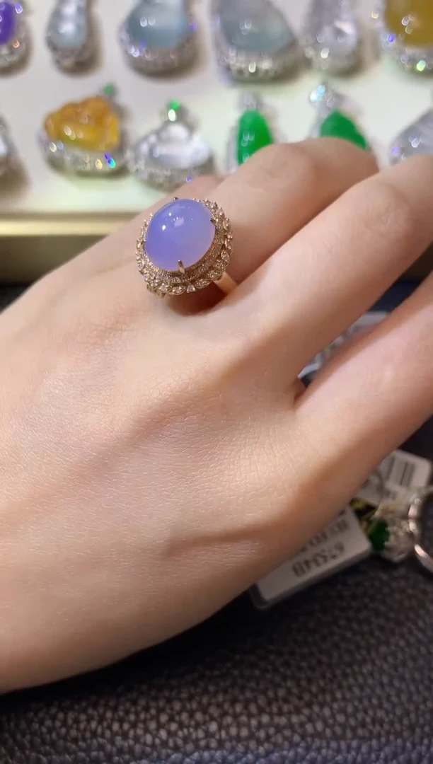 翡翠戒指18K金镶嵌A92翡翠紫货有一定色差