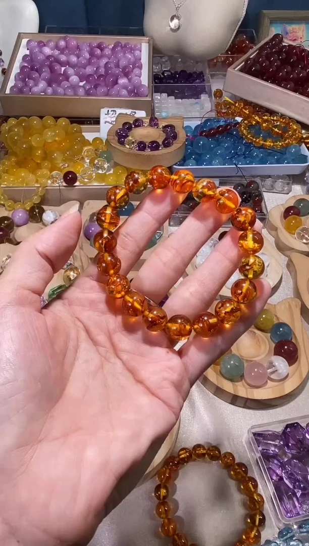 未镶嵌手串水晶颖*花珀圆珠宽卡10共15颗拍3