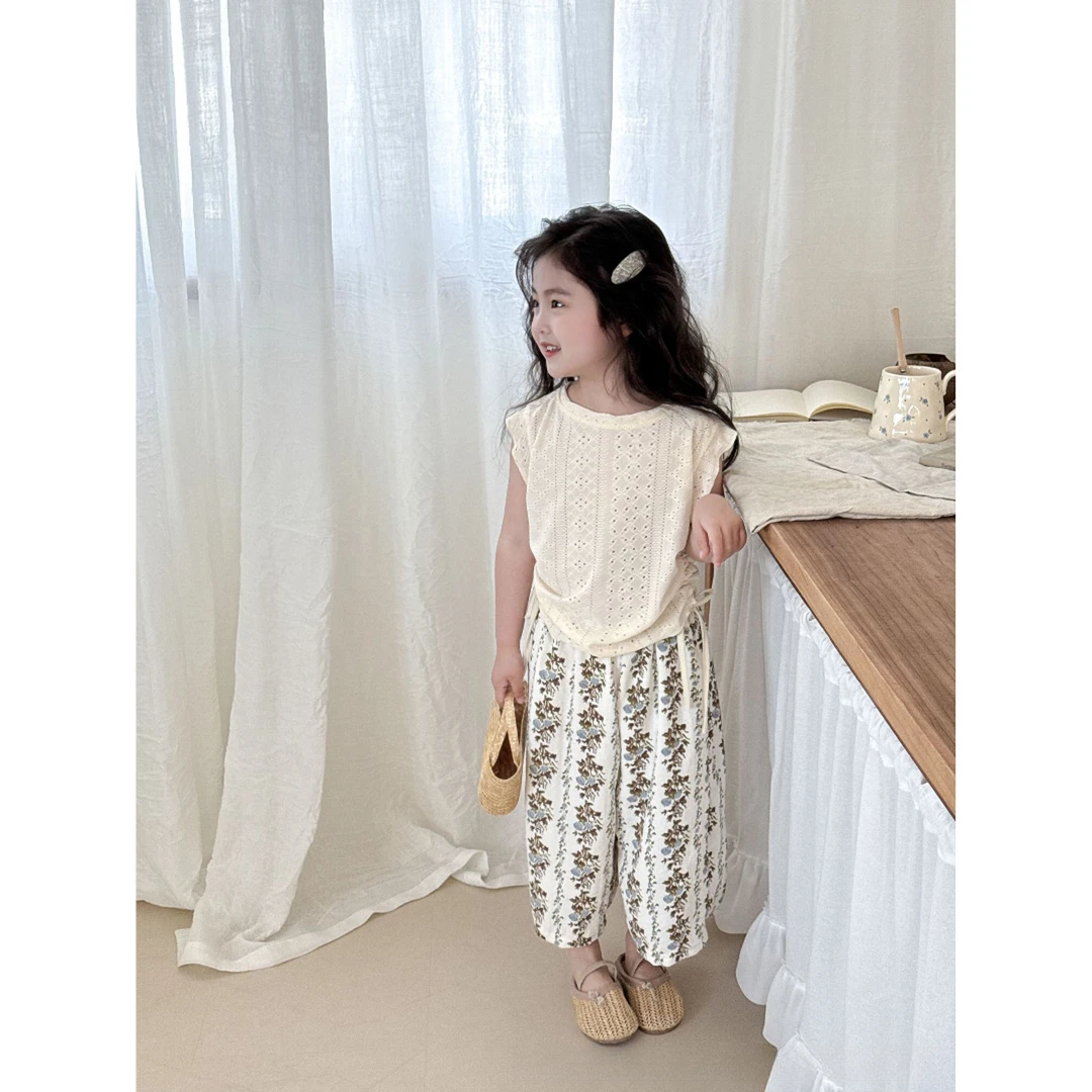 女童夏季套装儿童洋气透气网眼时尚上衣女宝碎花阔腿裤休闲中小童