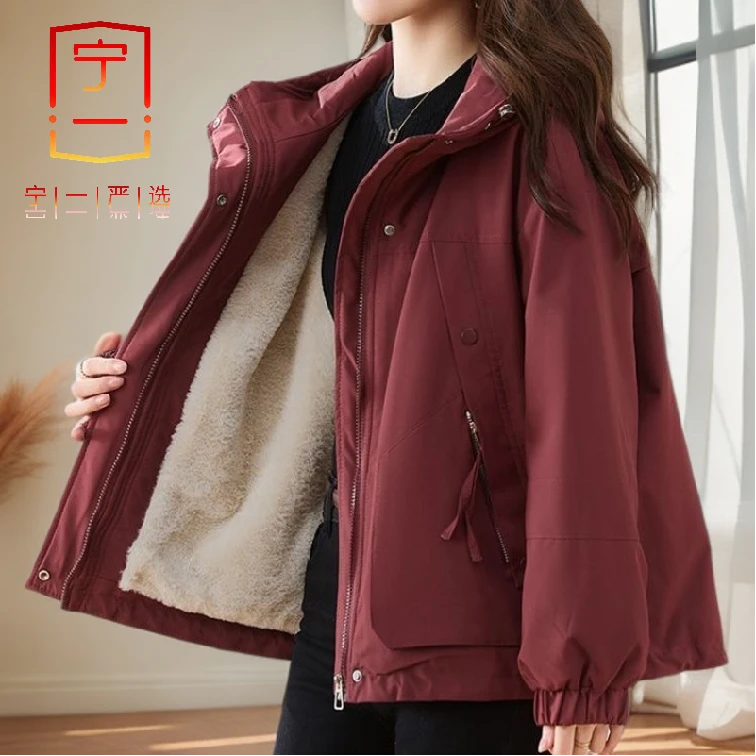 【宁一女装】安可拉红加绒加厚冬季外套女短款新款韩版宽松保暖棉服