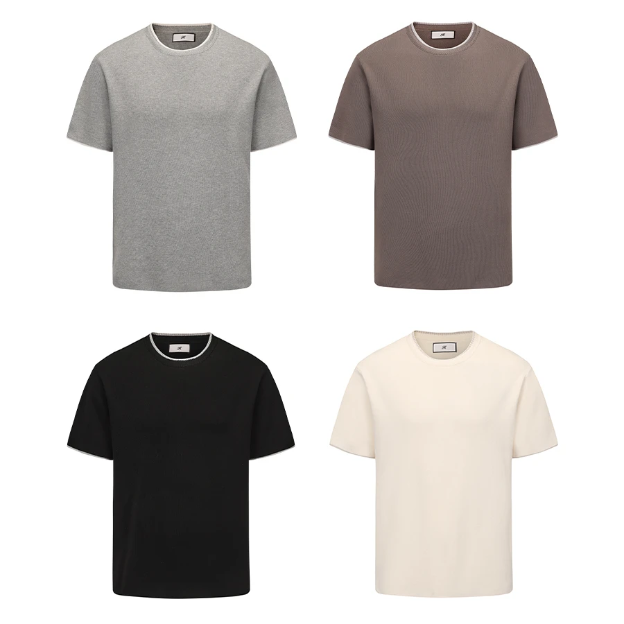 MUKHINA奢华醋酸棉麦穗提花领针织拼色微宽松落肩圆领休闲短袖