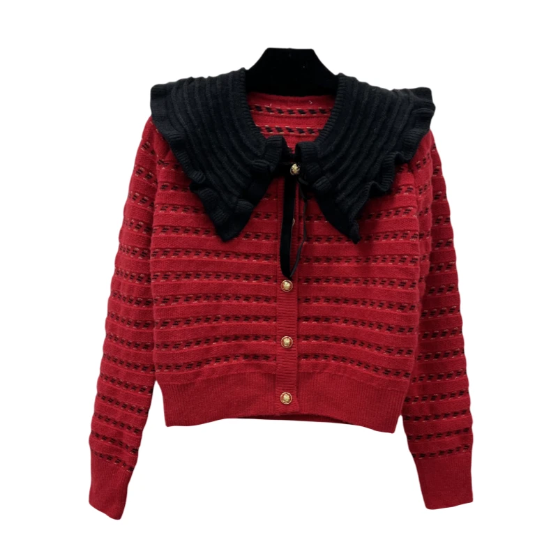 4517 娃娃领气质长袖时尚设计师时尚翻领秋冬撞色针织衫红色百搭