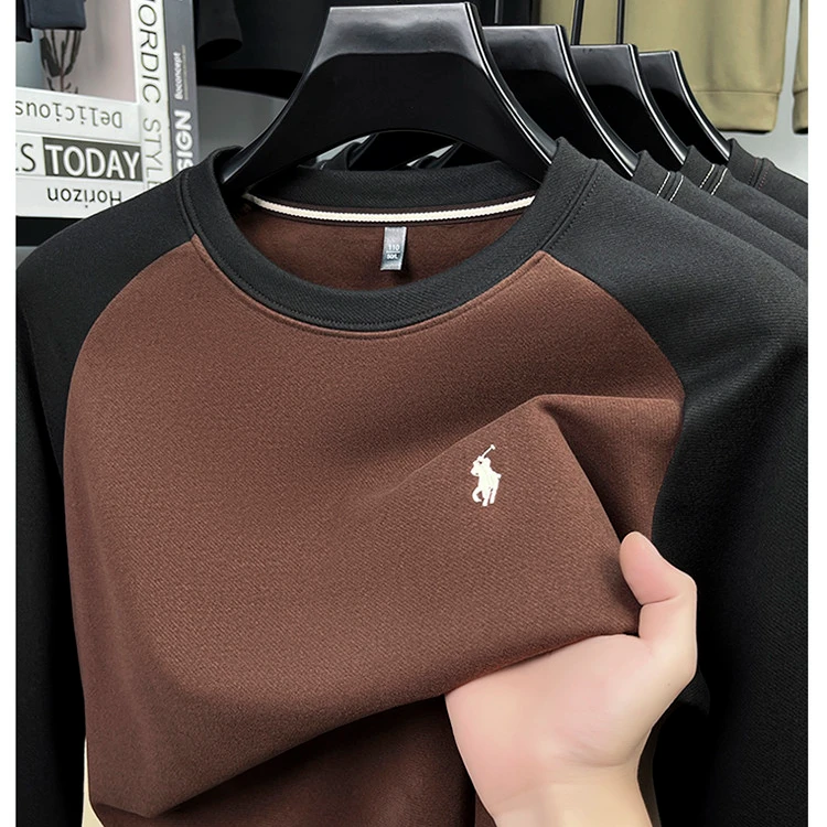 圆领套头撞色插肩袖免烫长袖卫衣上衣男士宽松男款时尚拼接