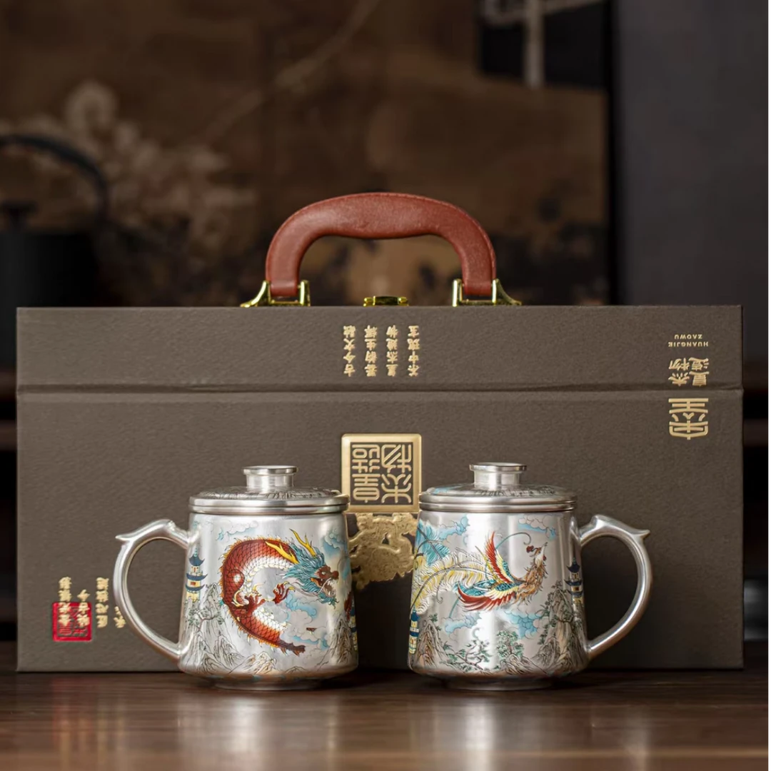 周鸿杰-（对杯-龙凤）大师手工高档茶器办公杯瓷胎包银鎏银-6361