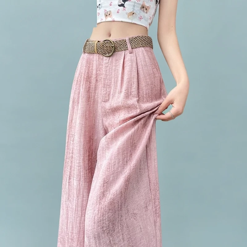轻奢时尚冰丝扎染时尚阔腿裤女夏季薄款高腰垂感休闲亚麻直筒裤子